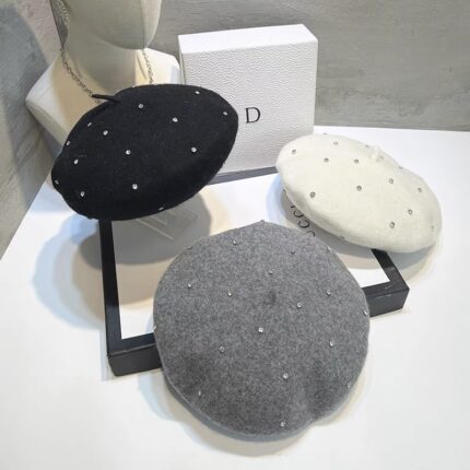 Japanese And Korean Woolen Black Crystal Beret Women's British Retro